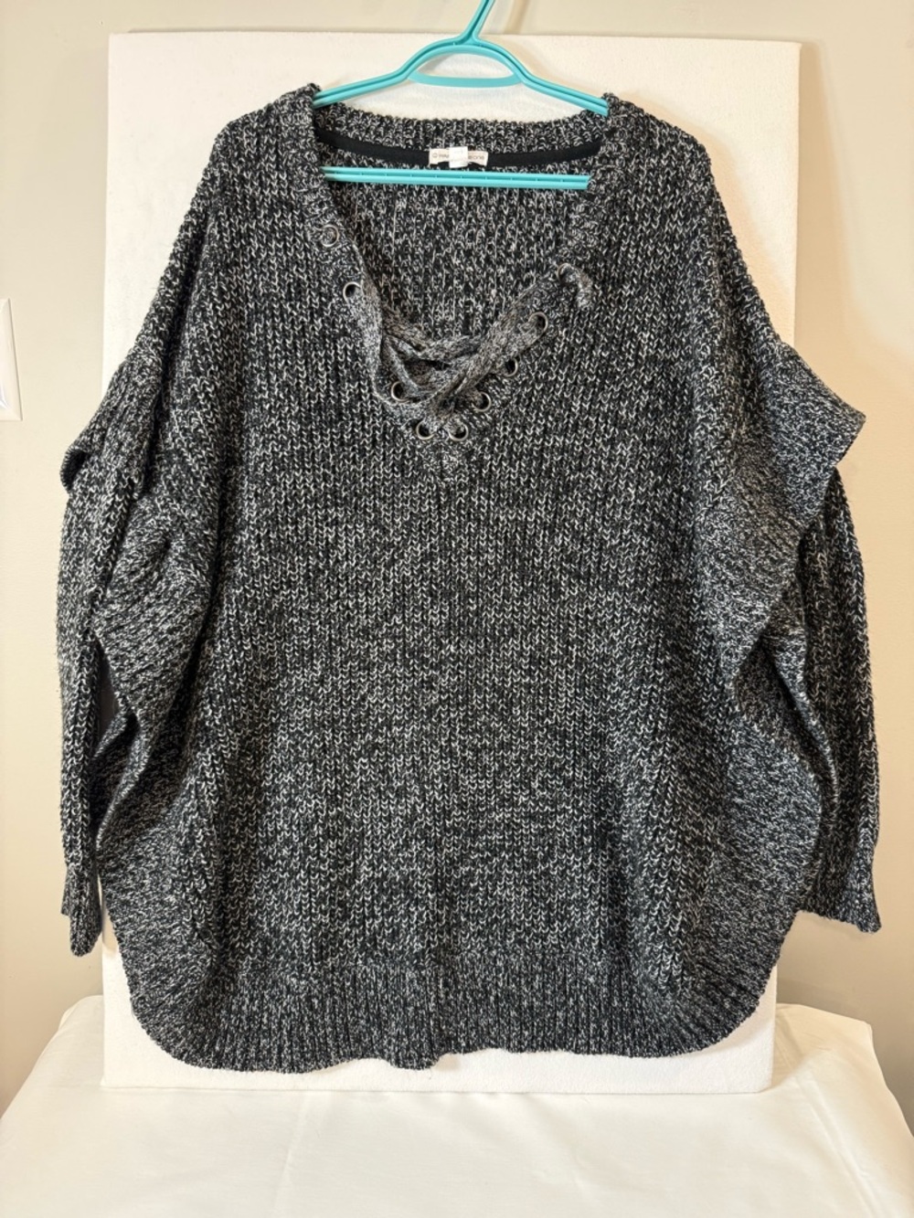 Lace-Up V-Neck Oversized Sweater - Charcoal Gray